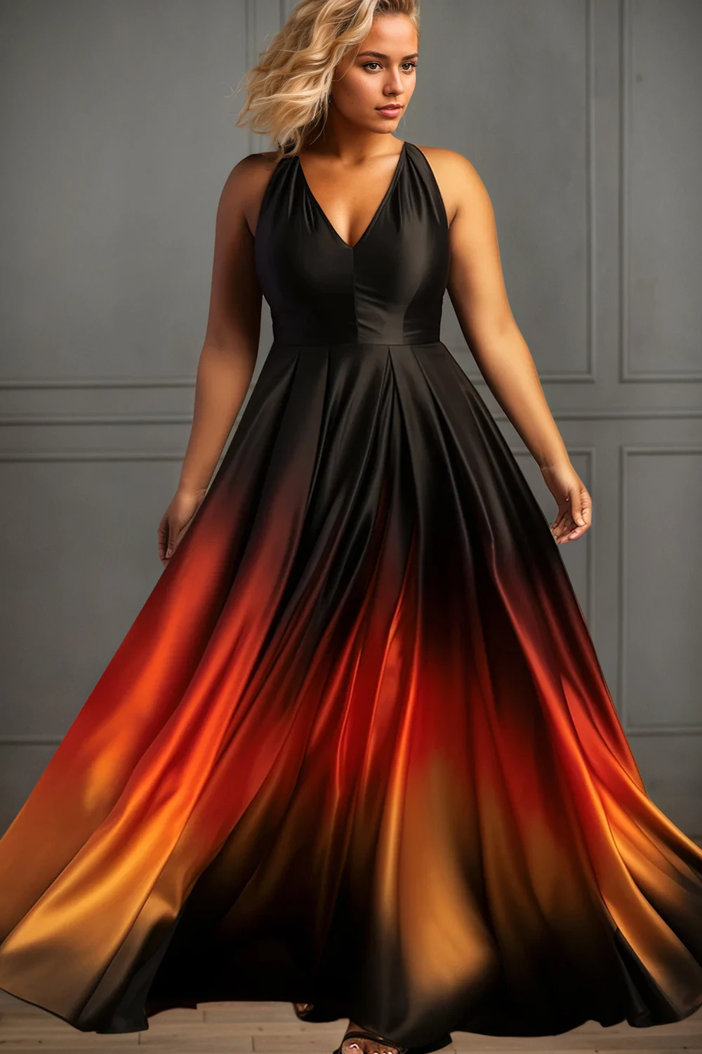 Elegantes Abendkleid mit Farbverlauf in Übergröße für Damen, V-Ausschnitt, Tasche, Satin, Hochzeit, Sommerkleid, Cocktail, Hochzeitsgast, Maxikleider