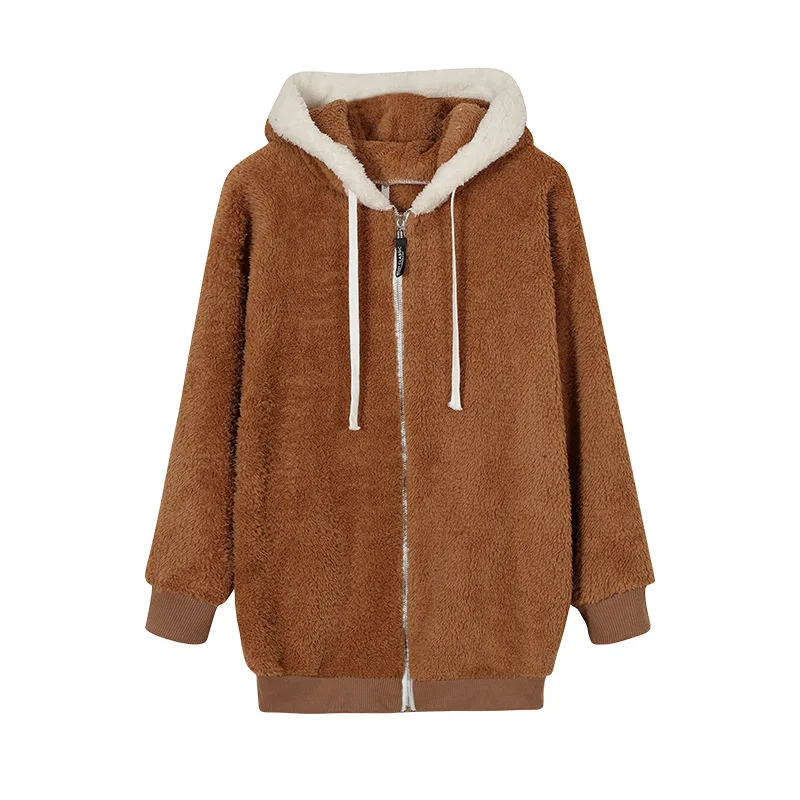 Nuevo estilo, abrigo de moda de invierno para mujer, ropa informal con capucha y cremallera para mujer, chaqueta de lana de Cachemira para mujer, abrigos de Color sólido para mujer