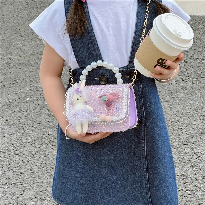 Dulce princesa bolsos de hombro pequeños mango de perla bolso cruzado de cadena para niños muñeca encantadora bolsos para niñas accesorios monedero