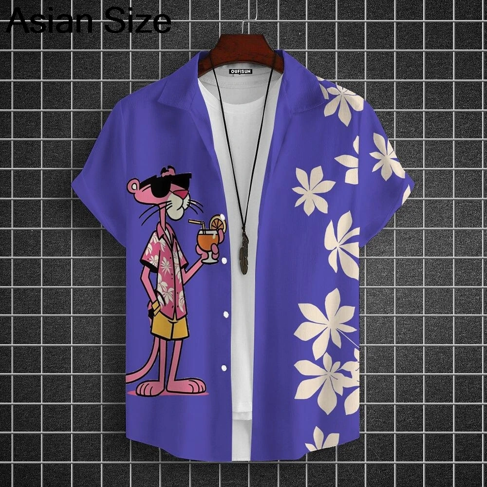 Camicia con risvolto a maniche corte da uomo con grafica leopardata dei cartoni animati Top Hawaii Camicie abbottonate rosa unisex Abbigliamento da donna Camicetta femminile