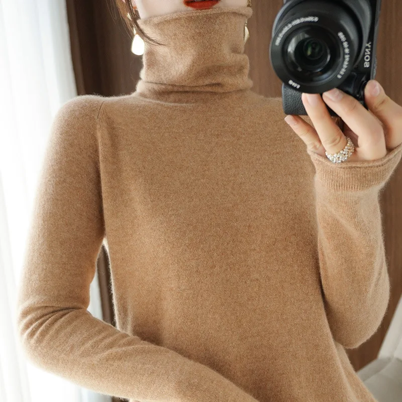 Suéter de mujer de invierno de Cachemira con cuello alto, prendas de punto cálidas, camisa informal coreana de fondo sólido, jerséis de punto de moda, suéter marrón