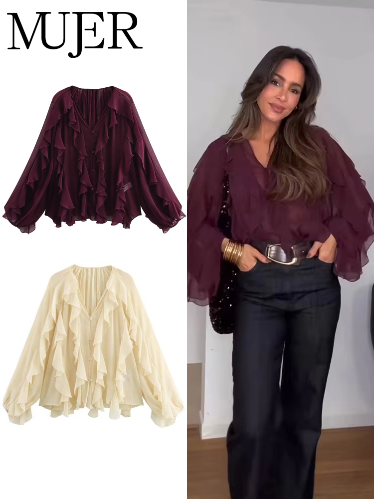 MUJER 2025 Blusas com babados para mulheres Camisas e blusas semitransparentes Mulher Verão Blusas Casuais Mulher Moda Tops Blusas Femininas