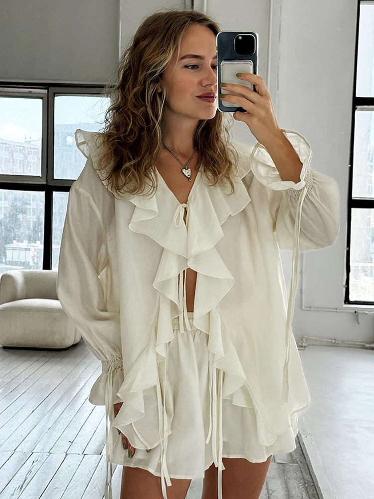 Mueyaruho Vrouwen 2025, Lente Zomer Vakantie Chiffon Shorts Sets Effen V-hals Outfits Tweedelige Set Voor Vrouwen Vrouwelijke