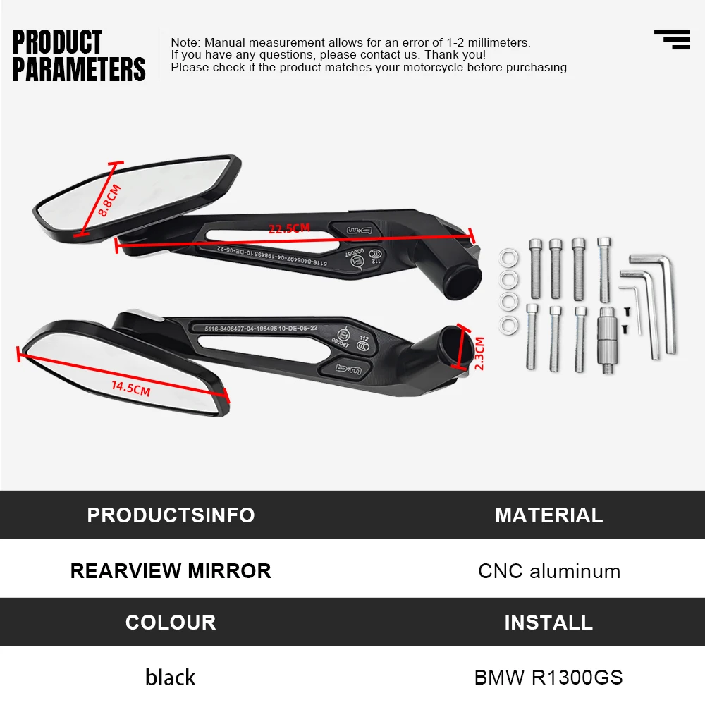 Motorcycle Side Rearview Mirror For BMW R1300GS 2024 R1200 1250 GS ADV F900R G310GS S1000XR Aluminum Adjustable Rear View Mirror