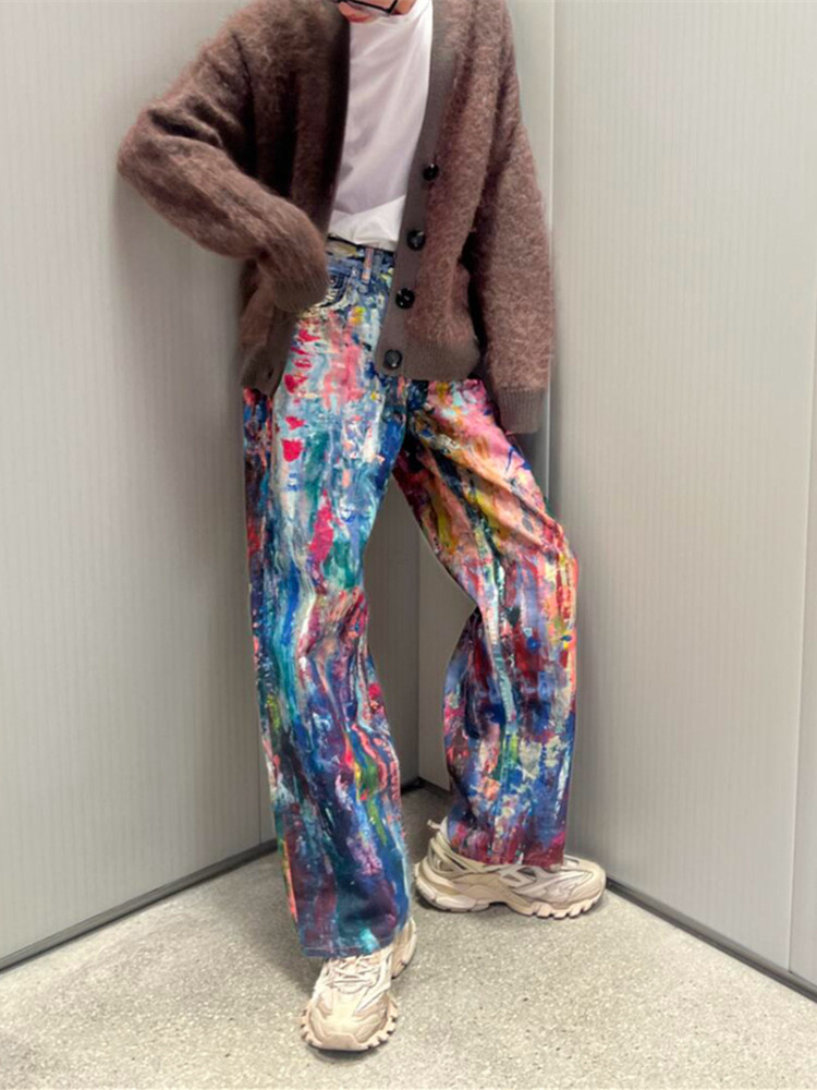 Ropa Y2K, уличная одежда, мешковатые джинсы с граффити, брюки для мужчин, дизайнерская одежда, широкие джинсовые брюки Kanye с цветными блоками