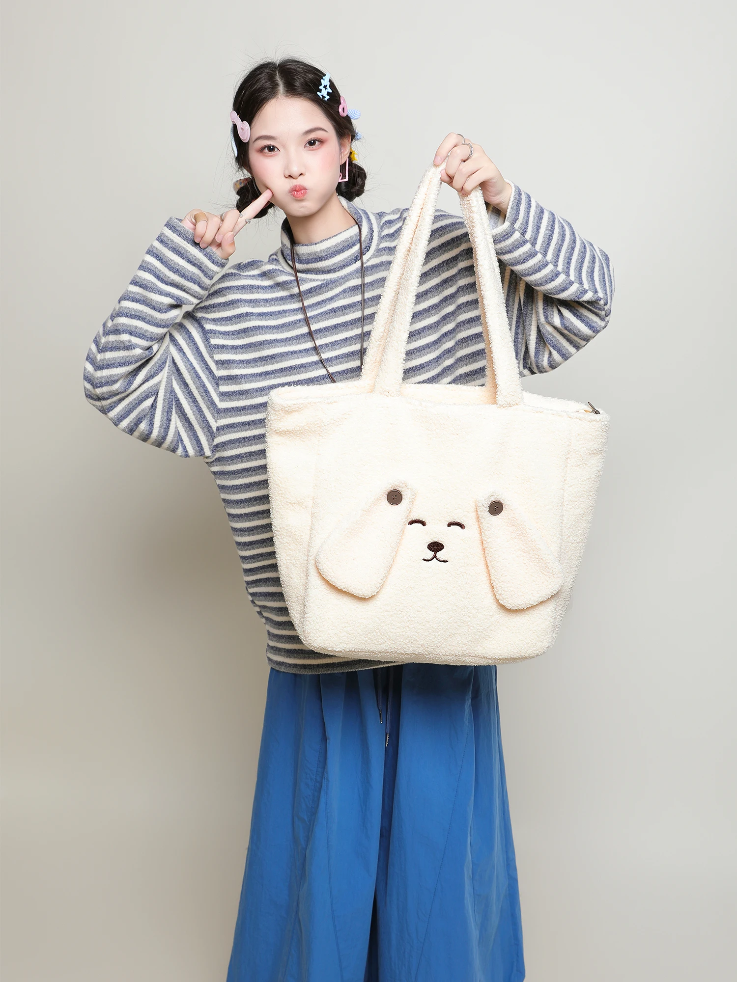 Inverno grande capaci bolsa de ombro de pele de eepskin casual sle tecido macio sacola com design de orelha grande e fecho de zíper
