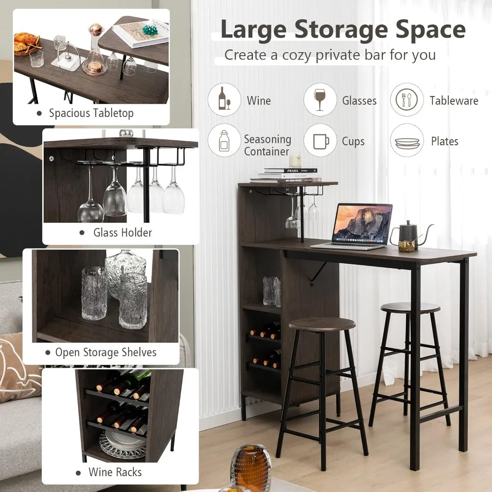 3 Pieces Bar Table Set, Steel Frame Dining Table and 2 Stools with Wine Racks, Glass Holders, Bar Table Set
