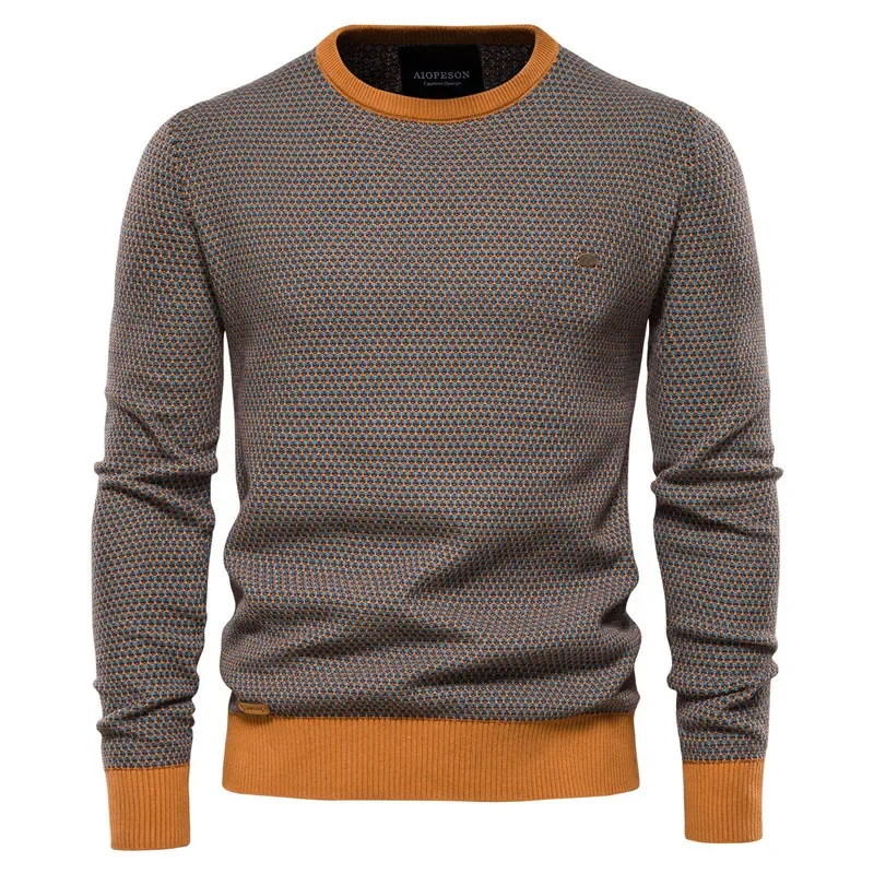 Outono inverno masculino camisola de alta qualidade em torno do pescoço cor bloqueando algodão malhas pulôver moda masculina casual magro camisolas