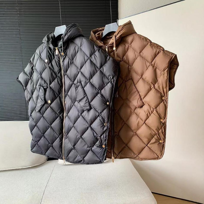 バットスリーブフグダウンチョッキ、ルーズフード付きコート、ノースリーブコート、特大のストリートウェア、白いダックダウン、暖かいファッション、冬90%