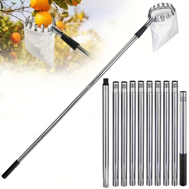 Stainless Steel Splicing Rod Fruit Picker 1.6/2.4/3.2/4M Telescopic Pole High Tree Orchard Picking Tool For Farm Garden Supplies