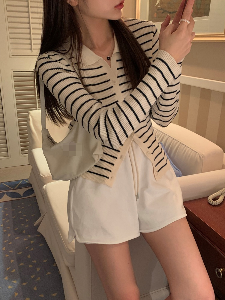 女性のポロネック長袖ストライプニットウェア秋 2023 新しいスタイル小さいサイズオープンカーディガントップスリムフィット韓国スタイル