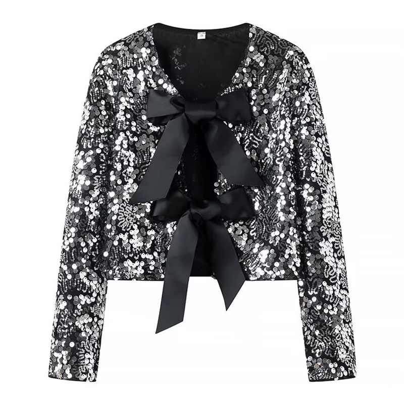 แฟชั่นเลื่อม Bow Lacing Up เสื้อผู้หญิงเสื้อแขนยาว Outwear WARM Winter Lady เสื้อฤดูหนาวชุดราตรี Streetwear Tops