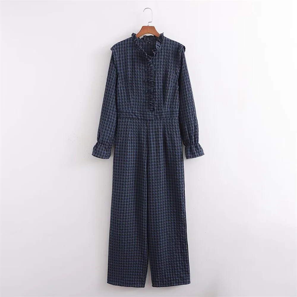 Frühlingsneues Produkt Damen Casual Style Slim Fit Spitzenkragen Dekoration Langärmeliger karierter Overall