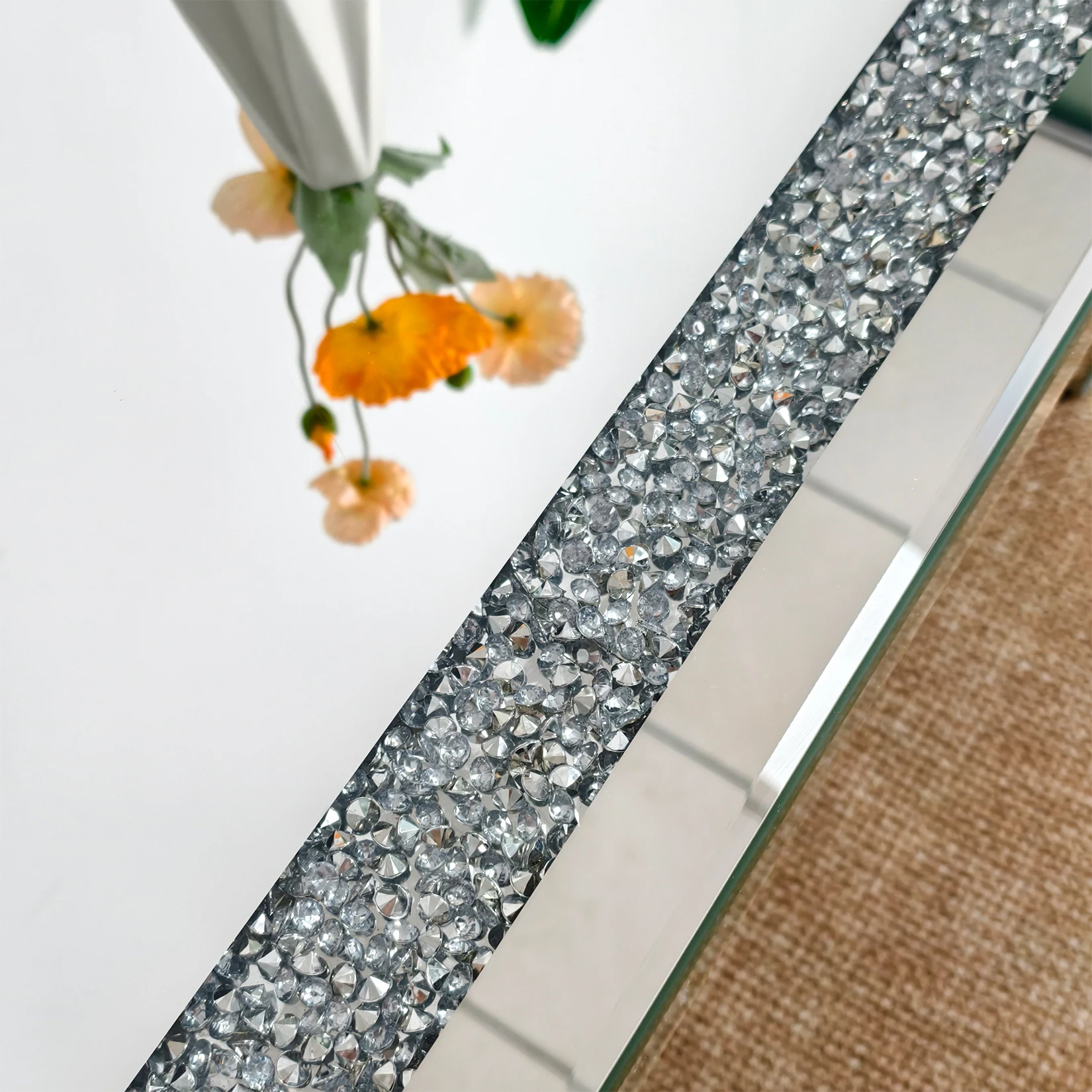 Grande mesa de centro retangular de cristal espelhada com diamante para móveis de sala de estar