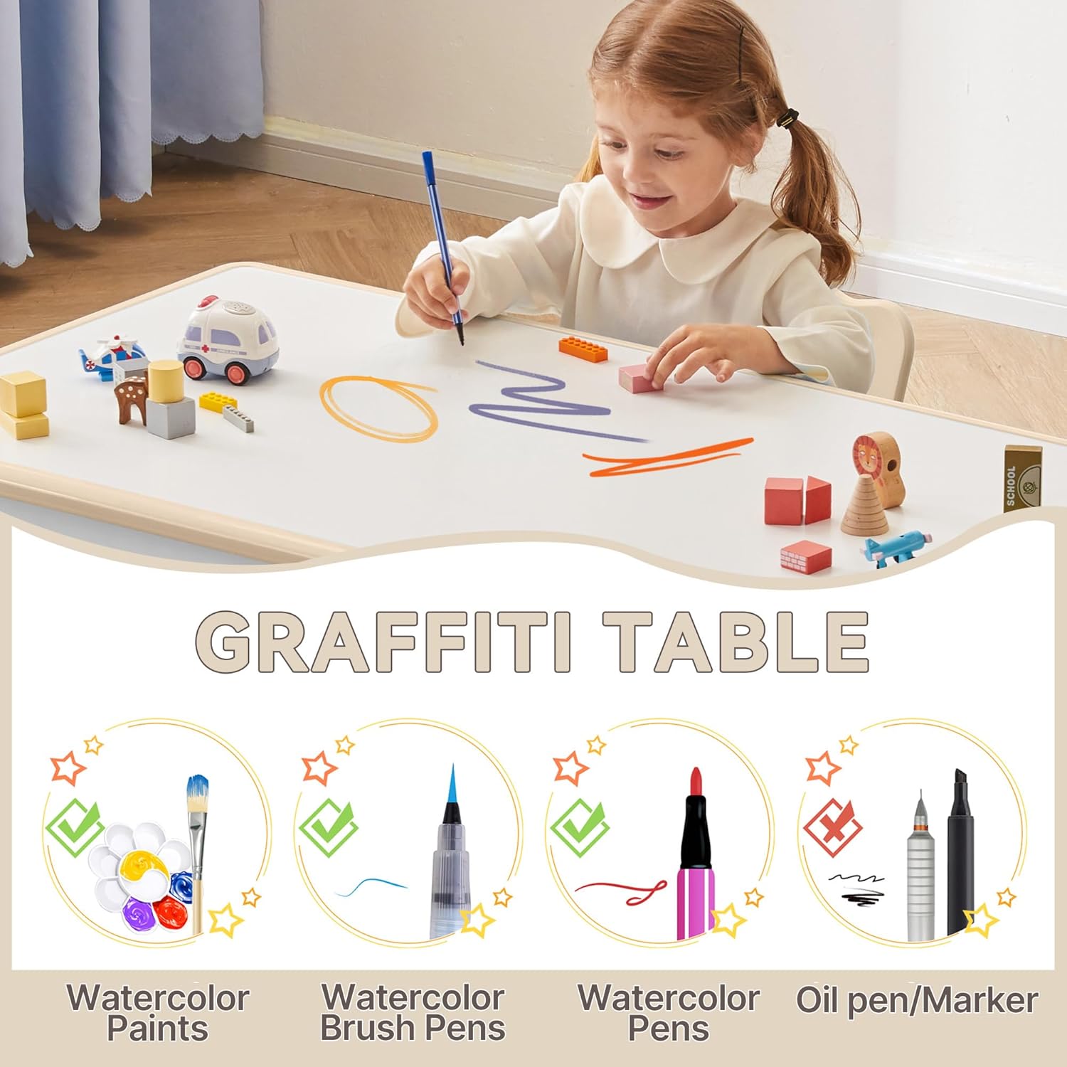 Study Table and Chairs Set, Height Adjustable Toddler Table and Chair Set for Kids Ages 3-8, Graffiti Desktop (Burlywood - 1)