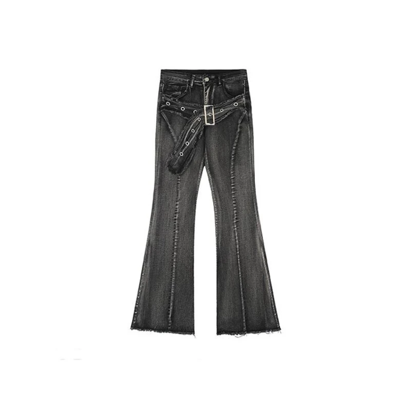 Neue Retro-Micro-Flare-Damenjeans in modischer Streetwear-Hot-Girl-Stil mit Gürtel und Borsten-Design, schlanke, gerade Hosen
