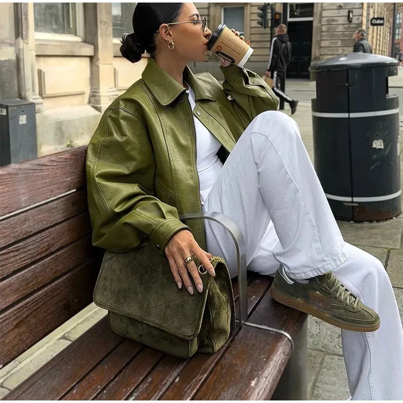 Tendência vintage verde manga longa lapela jaqueta de couro do plutônio feminino casaco curto com zíper botão primavera outono high street outerwear topos