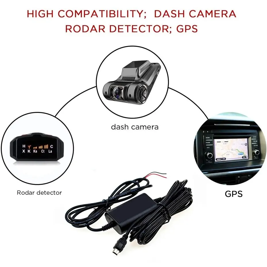 CarDash Cam Wire 3.2m DVR Hardwire Cable Kit Videoregistratore 12 24V a 5V Mini Micro USB Caricatore Linea Auto Dashcam Camera