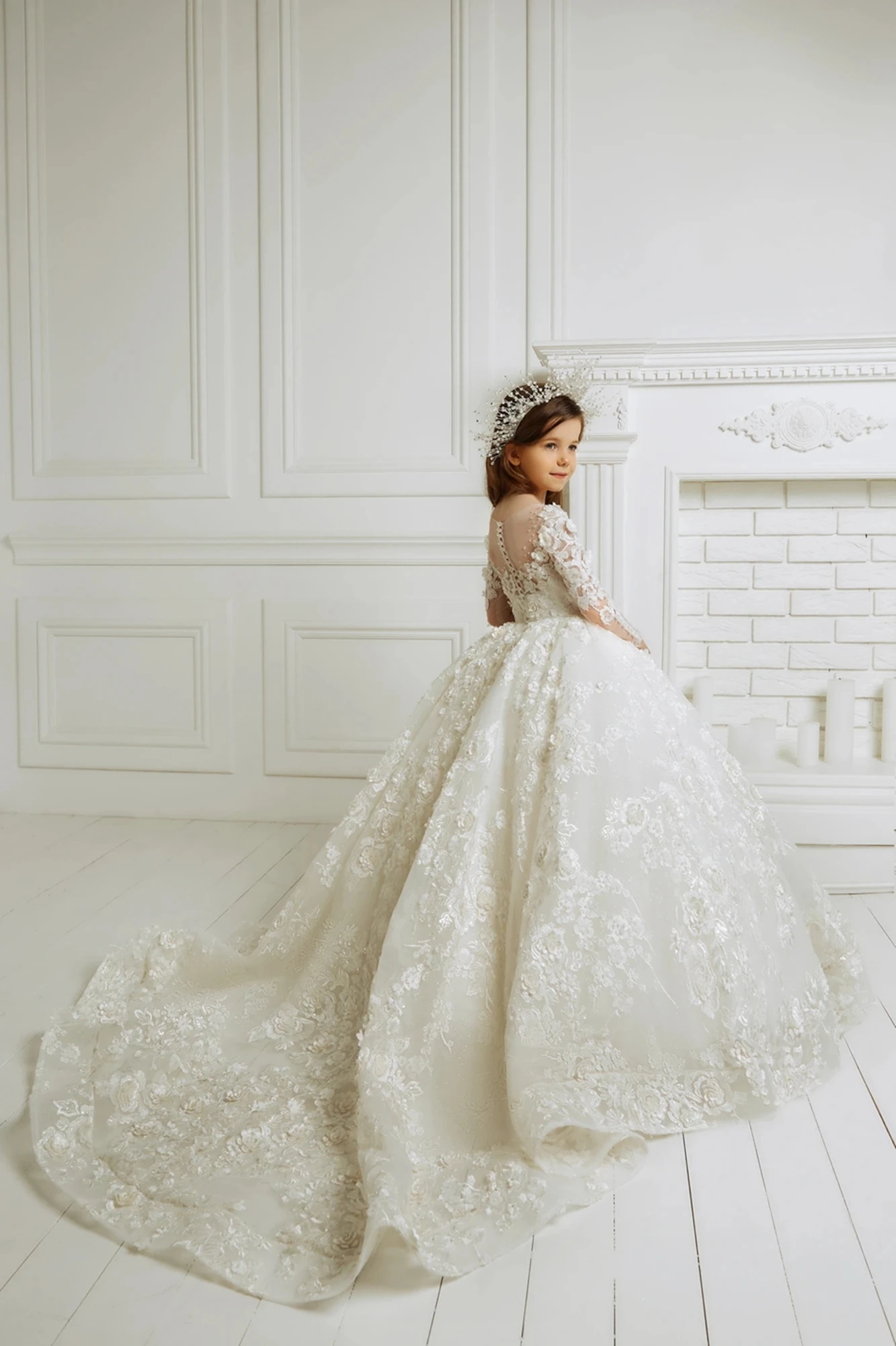 Flower Girl Princess Dresses Children First Communion Gown Bow Puffy Appliques Long Wedding Party Formal Dress