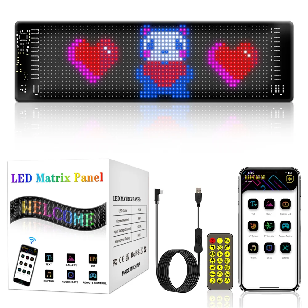 Wiscolor  LED Matrix Pixel Panel Light 5V USB Smart App Control Desplazamiento Publicidad LED Señal de coche Animación con función personalizada