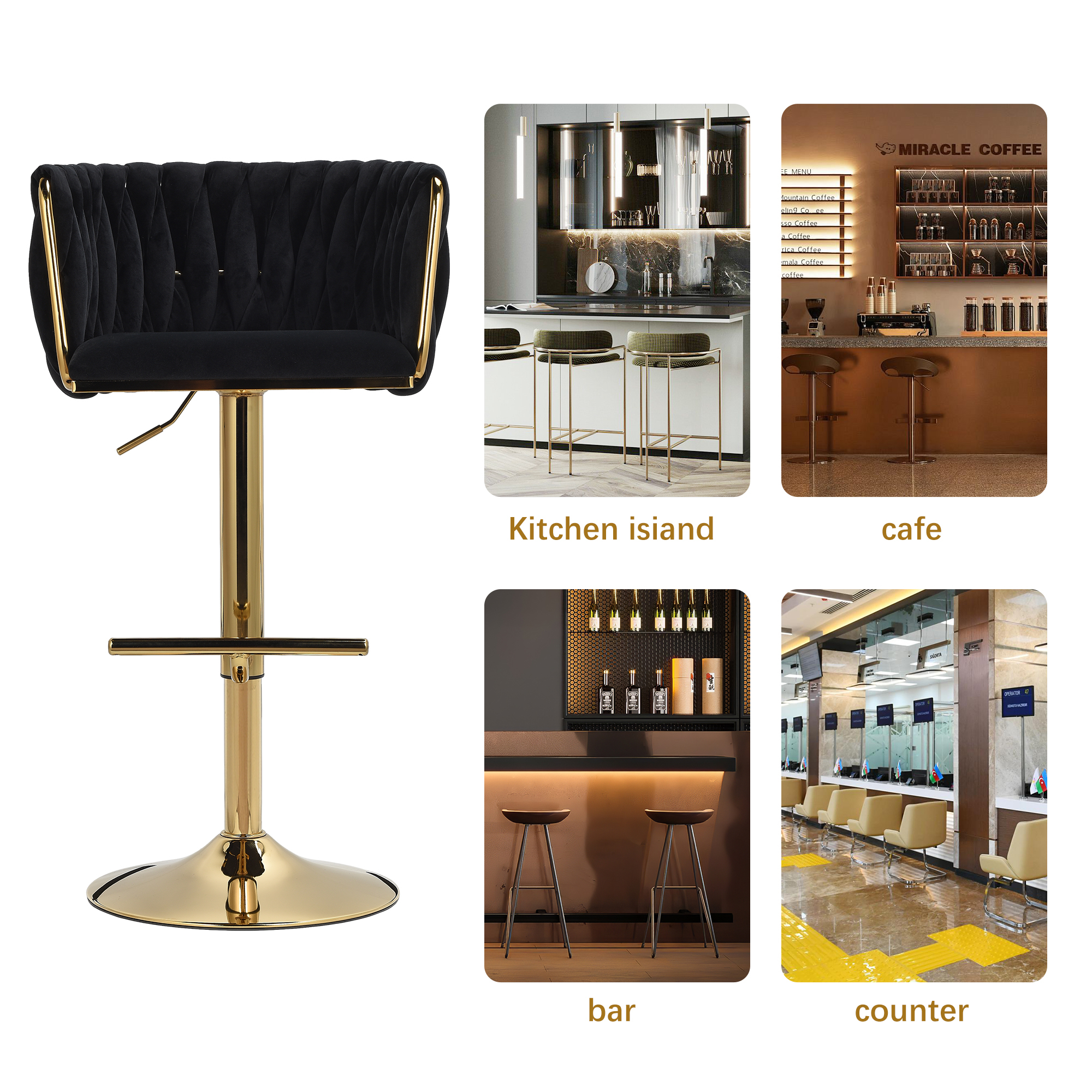 360 °   Drehbarer Barhocker, 2er-Set, Samt-Barhocker in Thekenhöhe, höhenverstellbare Barstühle für Küche, Wohnzimmer, Schwarz