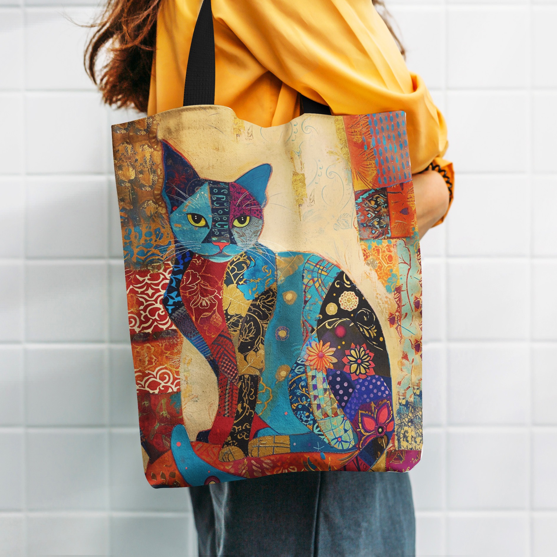 Bolsa tote com padrão floral de gato, bolsa de ombro escolar de lona estética, sacola de compras leve