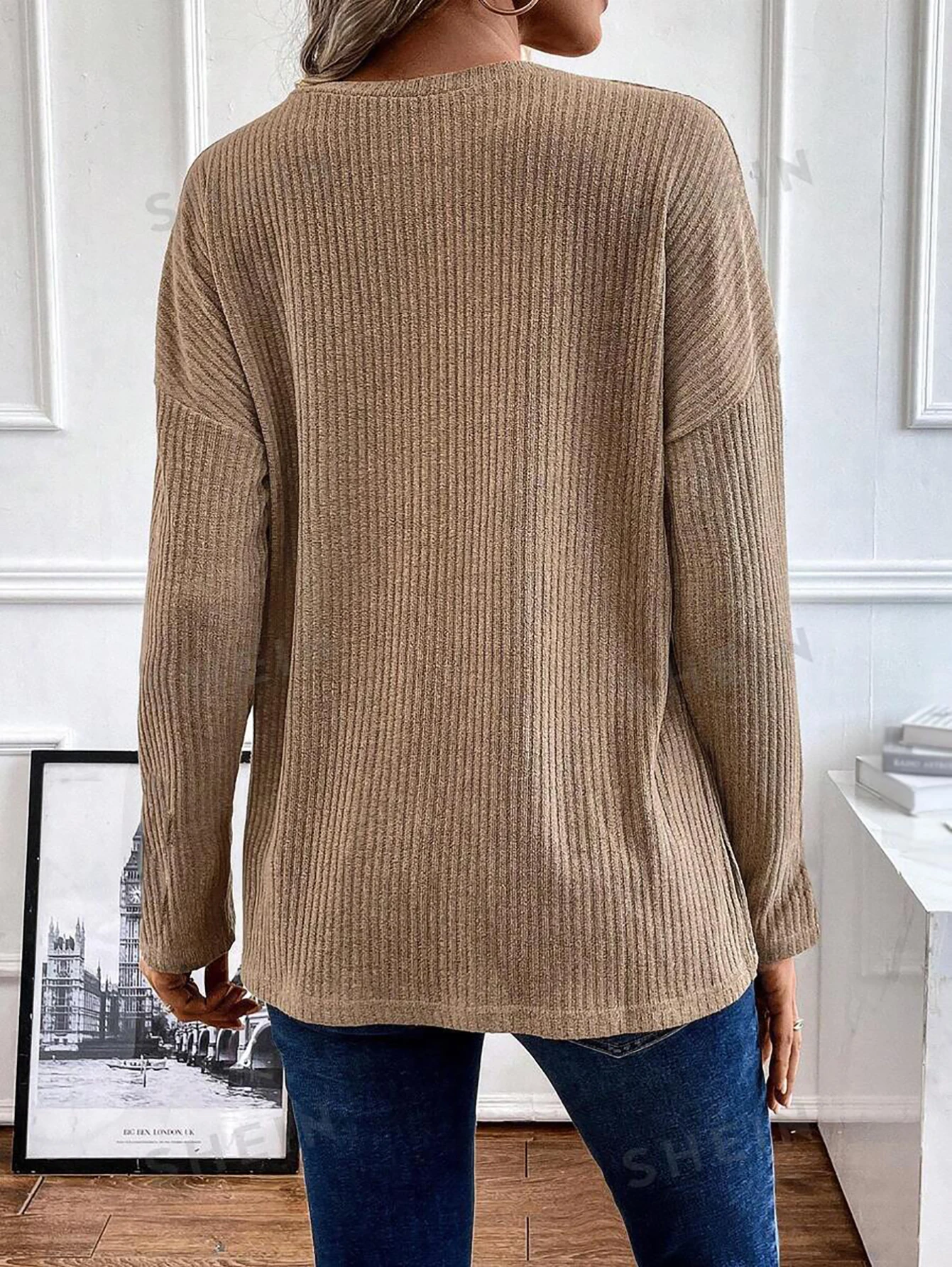 Frühlings- und Herbstknöpfe, gerippte Strickoberteile, lässiger Pullover, All-Match-einfarbiger Langarmpullover mit V-Ausschnitt