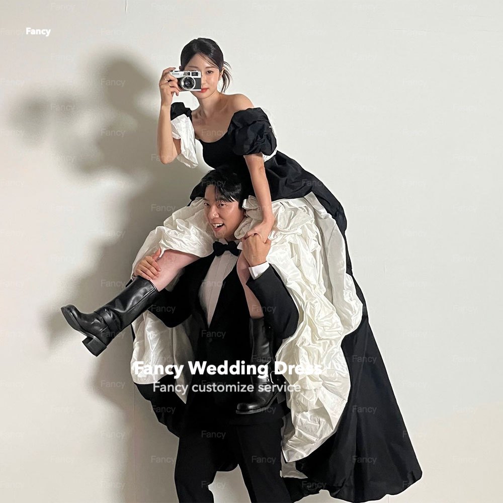 Fantasia coreia especialmente vestido de casamento sem alças branco e preto tafetá vestido de festa à noite uma linha arco traseiro personalizado