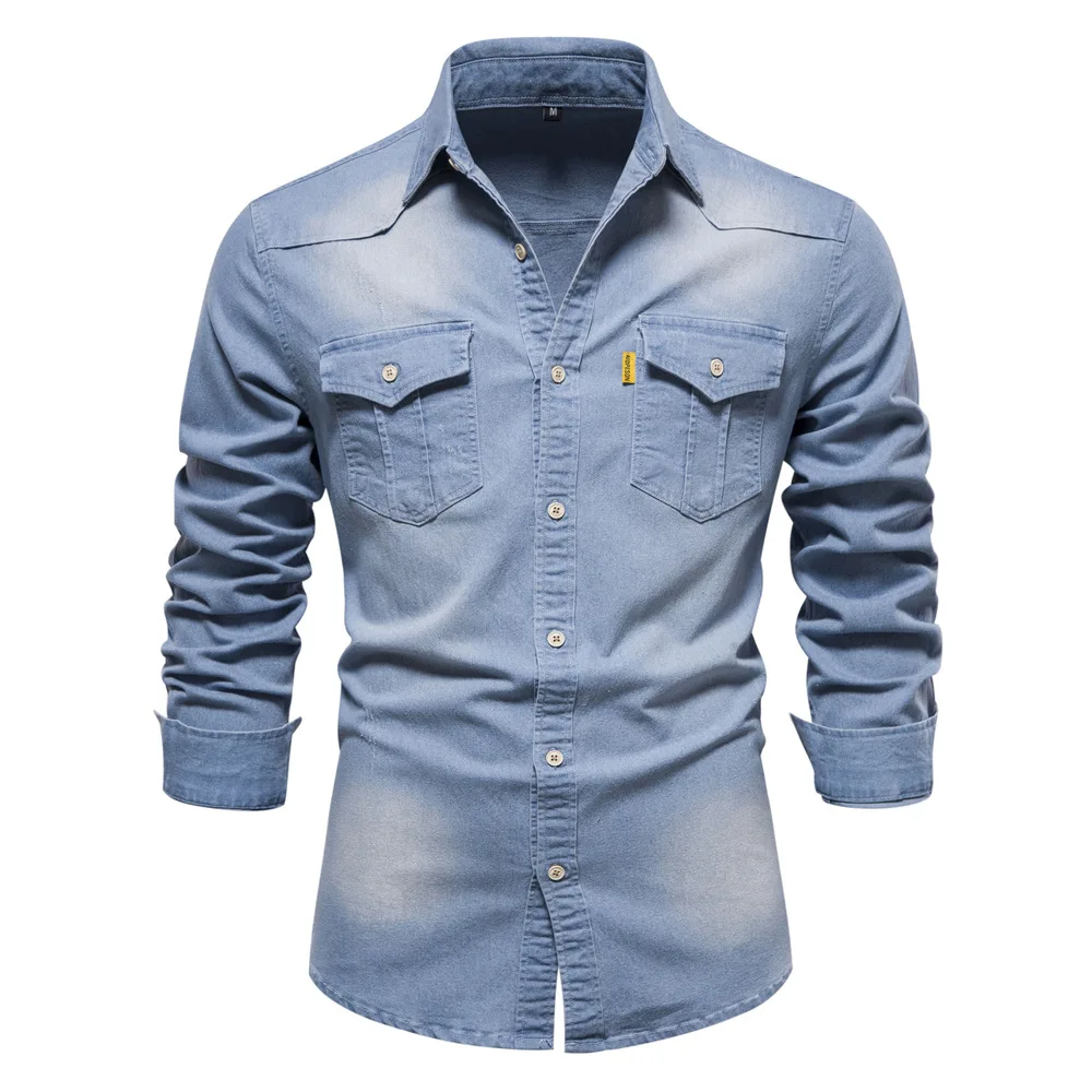 Camisa de mezclilla de algodón elástico para hombre, camisas de manga larga con bolsillo de Color sólido, ropa de diseñador ajustada informal, alta calidad