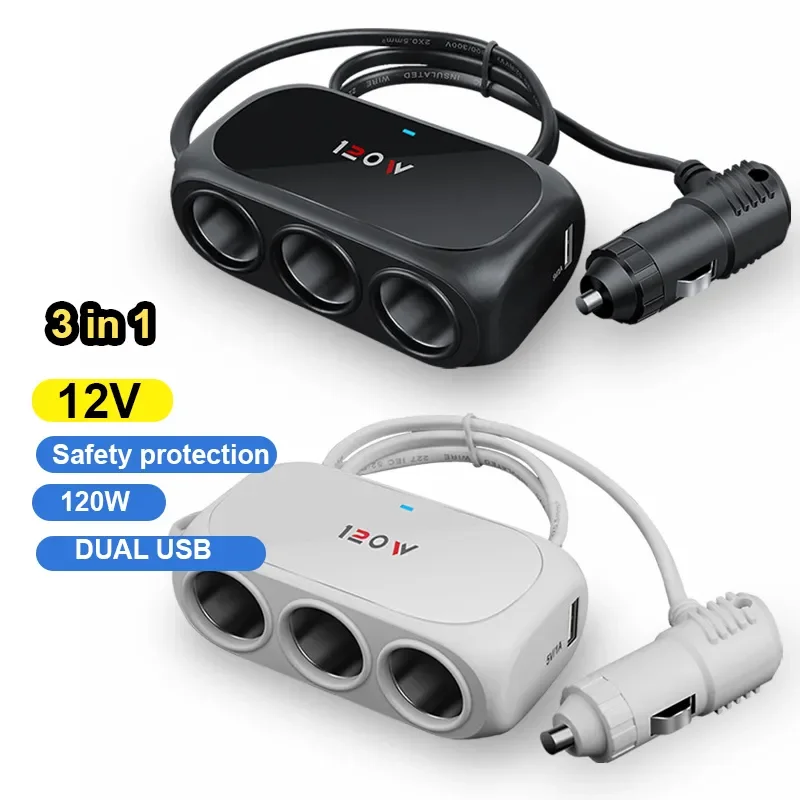 120w 3 em 1 tomada usb dupla isqueiro do carro adapte 12v 24v divisor led carregador rápido adaptador de tomada para iphone gps dashcam