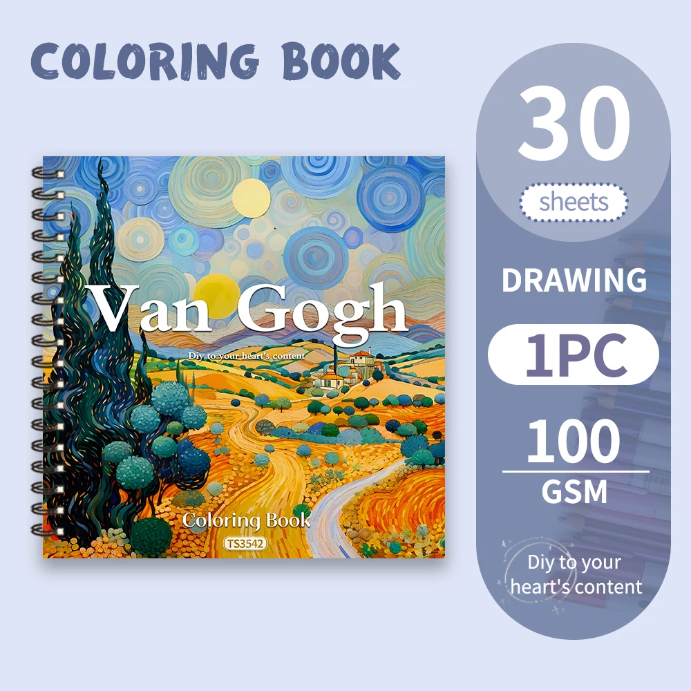 Libro para colorear Van Gogh: libro para colorear para adultos de 30 hojas, 100 g/m8,3 x 8,3 pulgadas, libro de dibujo, regalo de cumpleaños, regalo de fiesta navideña