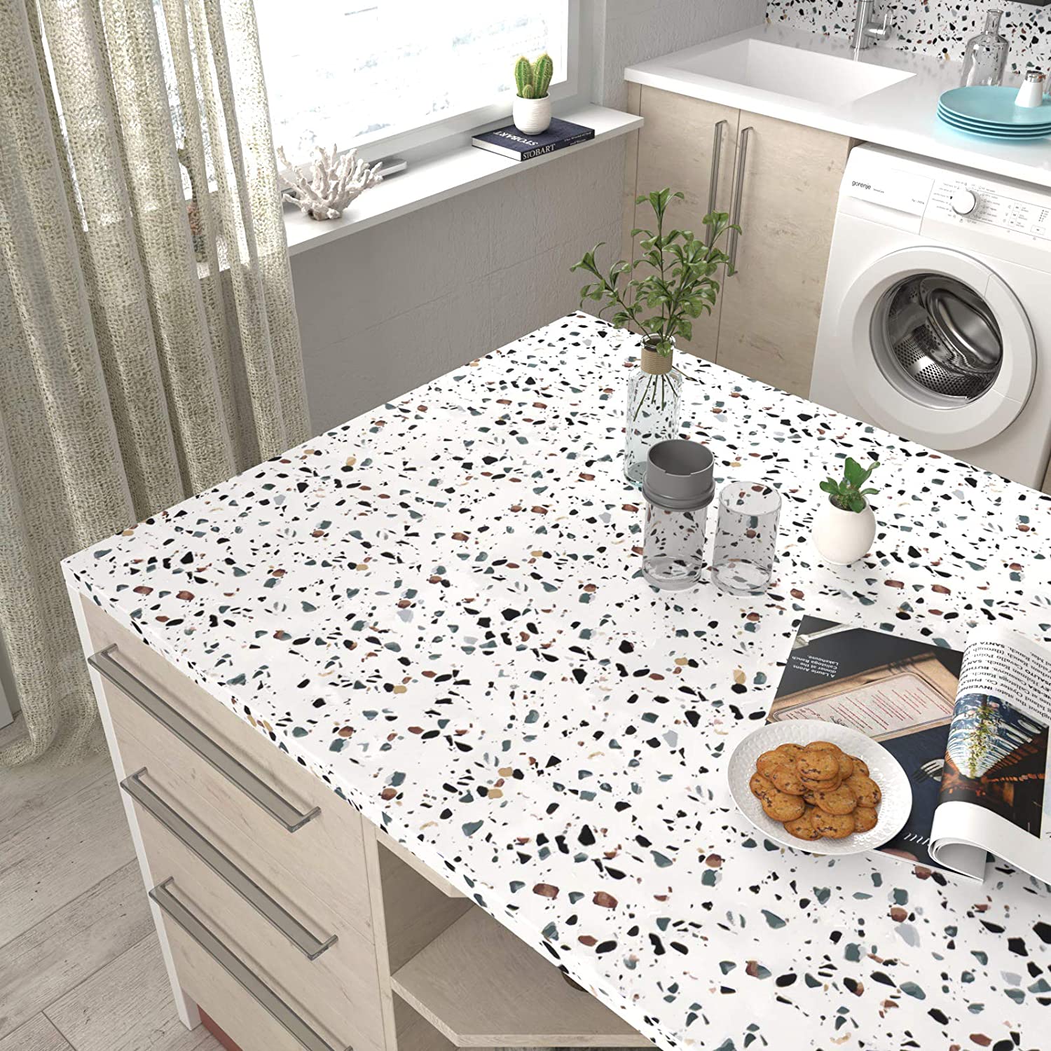 Papel de contato terrazzo branco, à prova d'água, autoadesivo, rolo de papel de parede, decoração de bancada de granito, casca e adesivo para cozinha