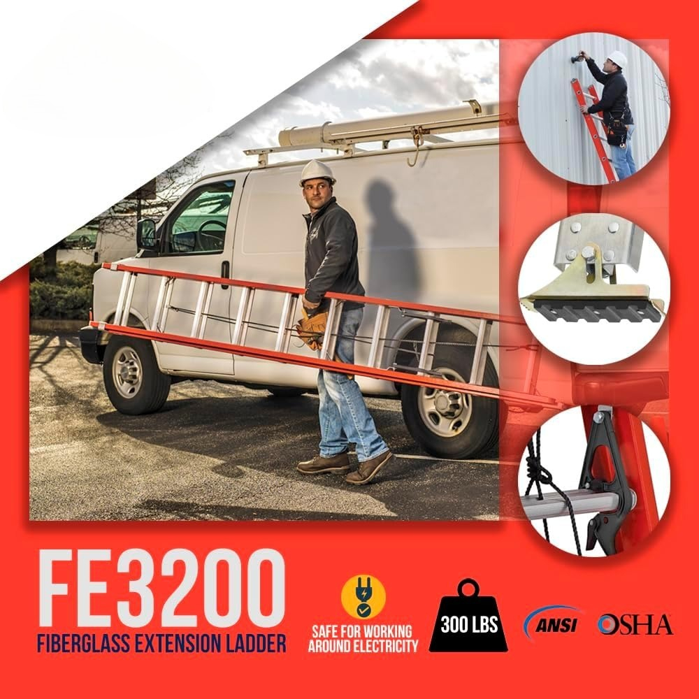 16-foot Fiberglass Extension Ladder, 300-Pound Load Capacity, Type IA, FE3216