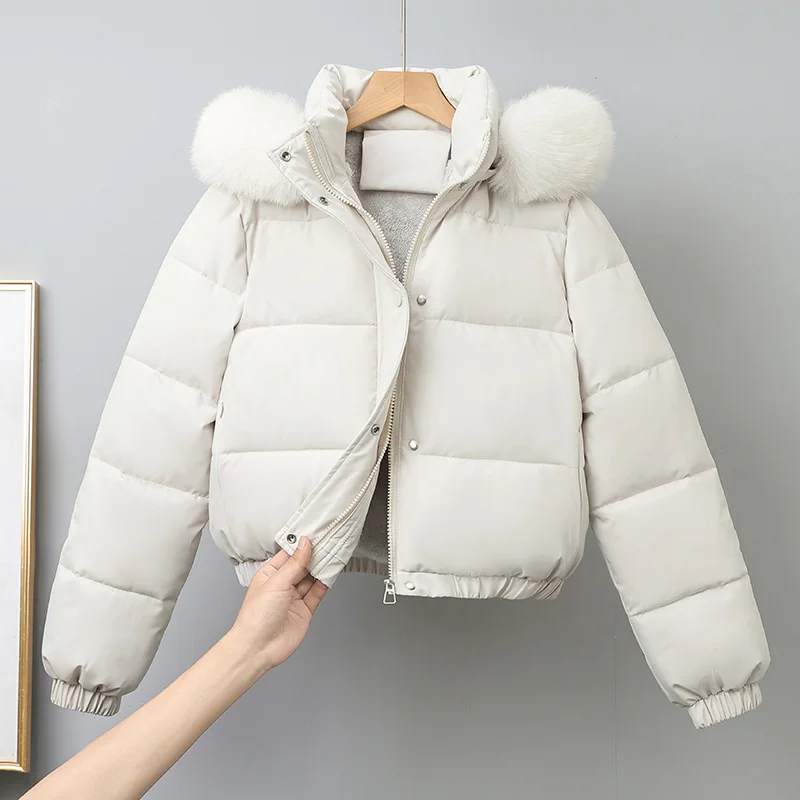 Inverno curto parkas roupas femininas acolchoadas de algodão adicionar veludo engrossar outerwear gola de pele removível casacos com capuz jaquetas quentes