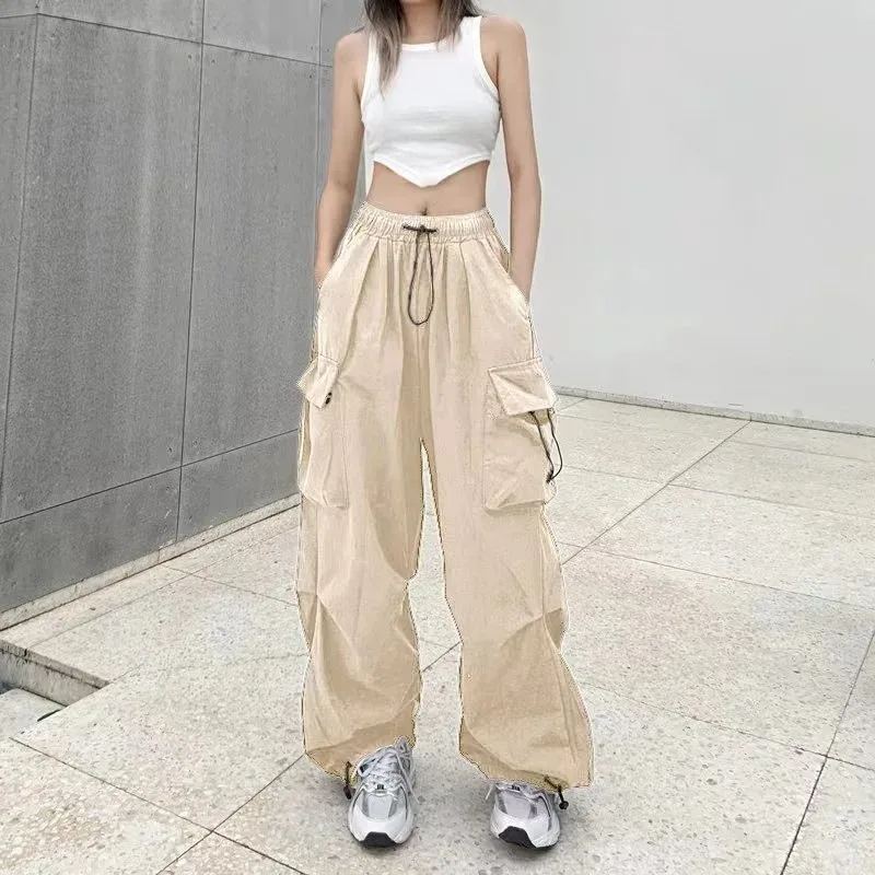 Amerikaanse retro tooling broek vrouwelijke gedrapeerde rechte balkvoetbroek zomer joker losse broek met wijde pijpen