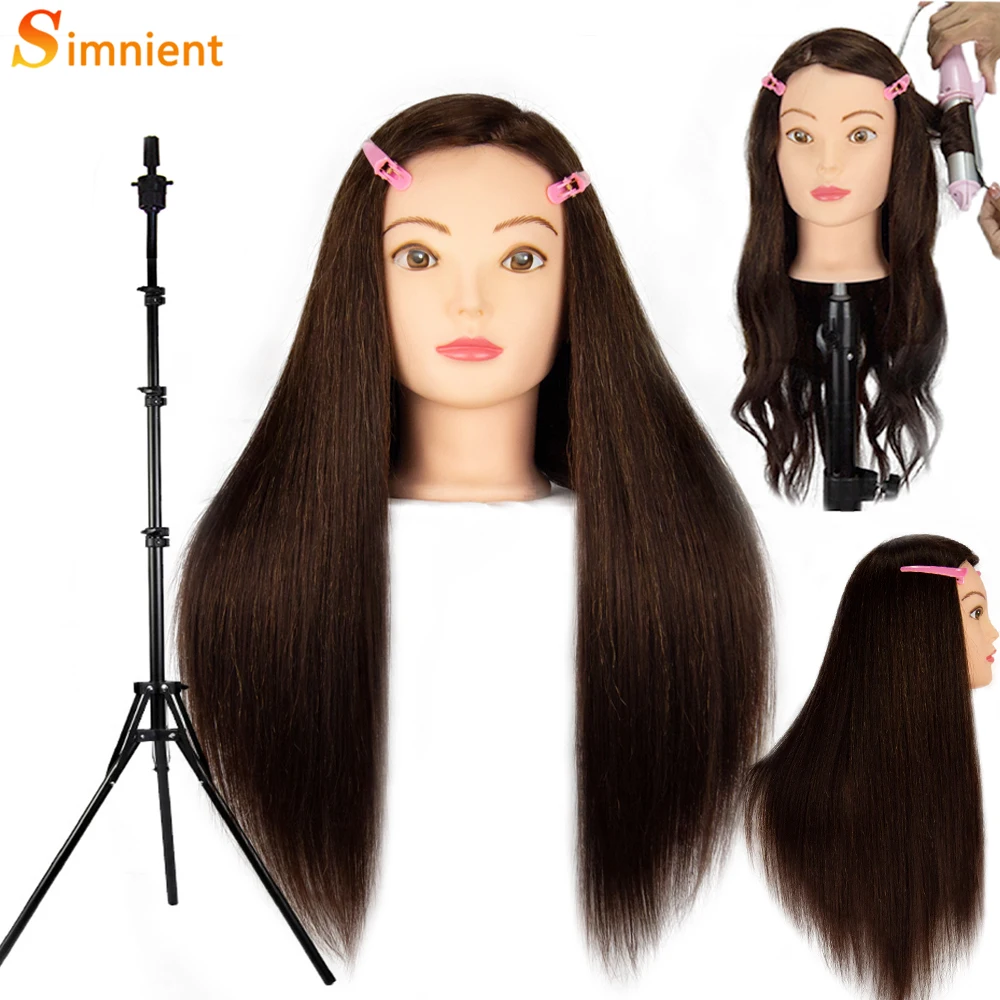 Cabeza de Maniquí de pelo largo con 85% de cabello Real, cabeza de entrenamiento para práctica de peluquería, maniquí de cosmetología, cabeza de muñeca y trípode con soporte para peluca