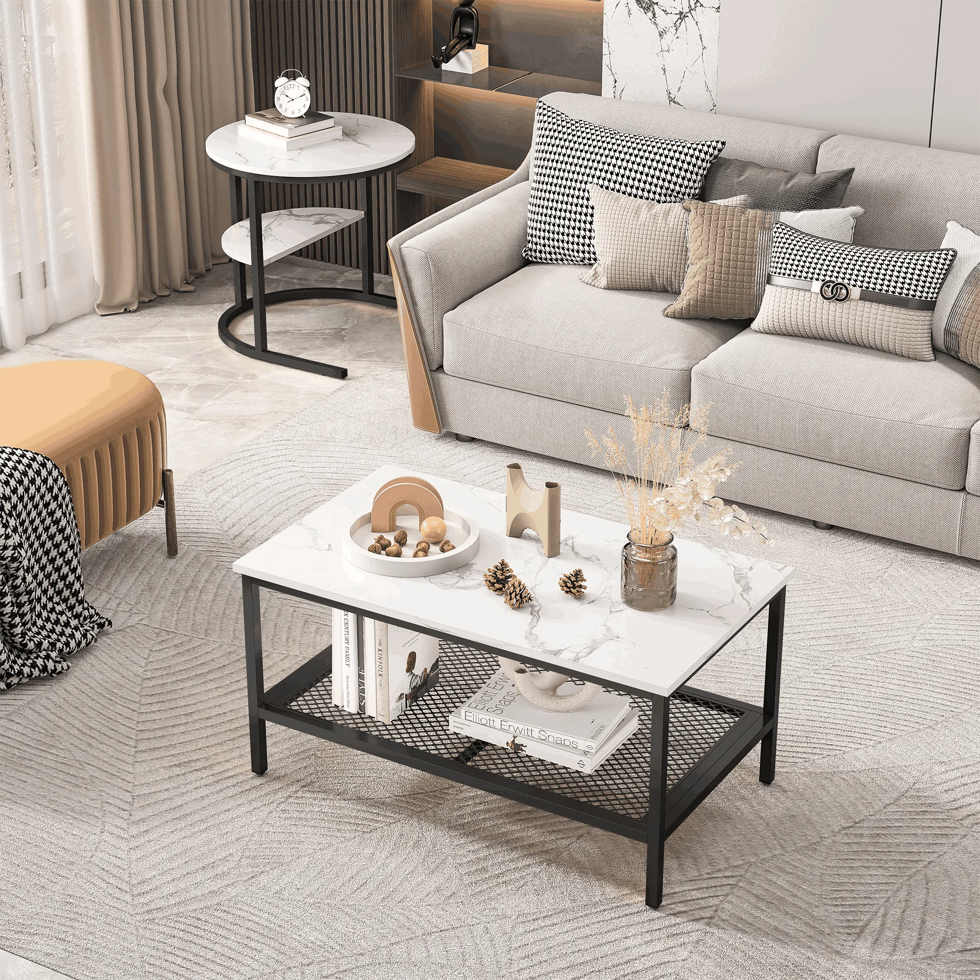 Anajqaqia Ensemble de tables basses modernes Tables d'appoint rondes rectangulaires 80x46x41cm 52x52x51cm