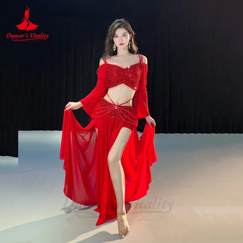 ベリーダンス衣装セット女性用メッシュ長袖トップ + ガーゼロングスカート 2 個トレーニングセットオリエンタルベリーダンスウェア衣装