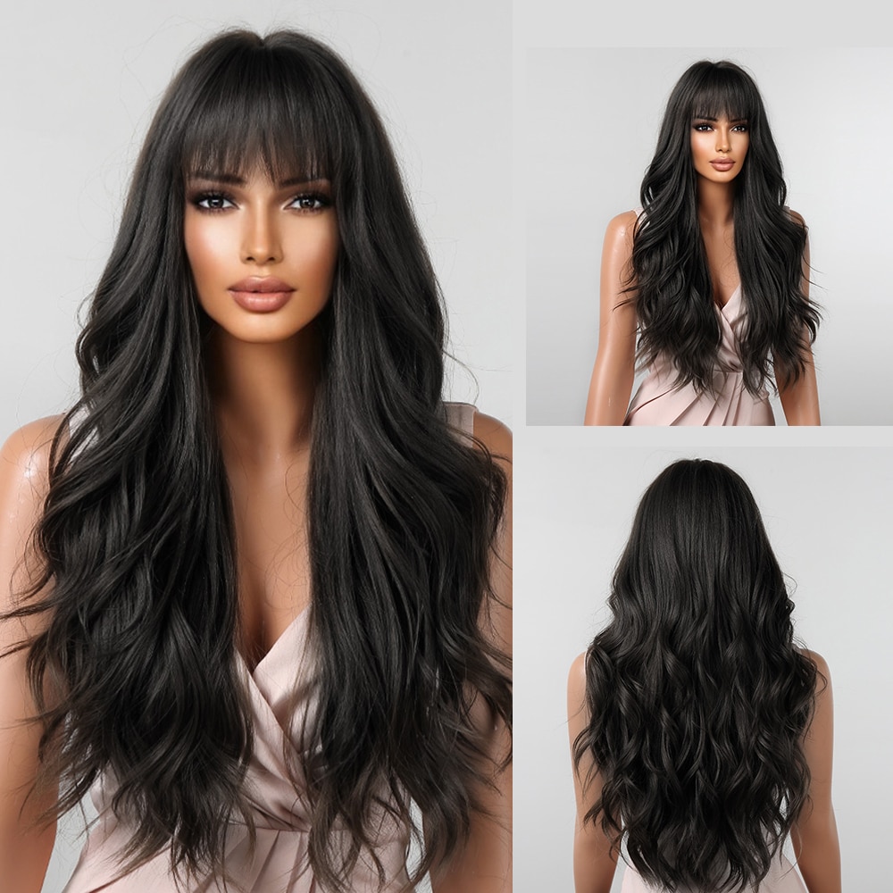Parrucche ondulate marroni per donne con frangia Parrucca lunga per capelli sintetici naturali Cosplay quotidiana resistente al calore