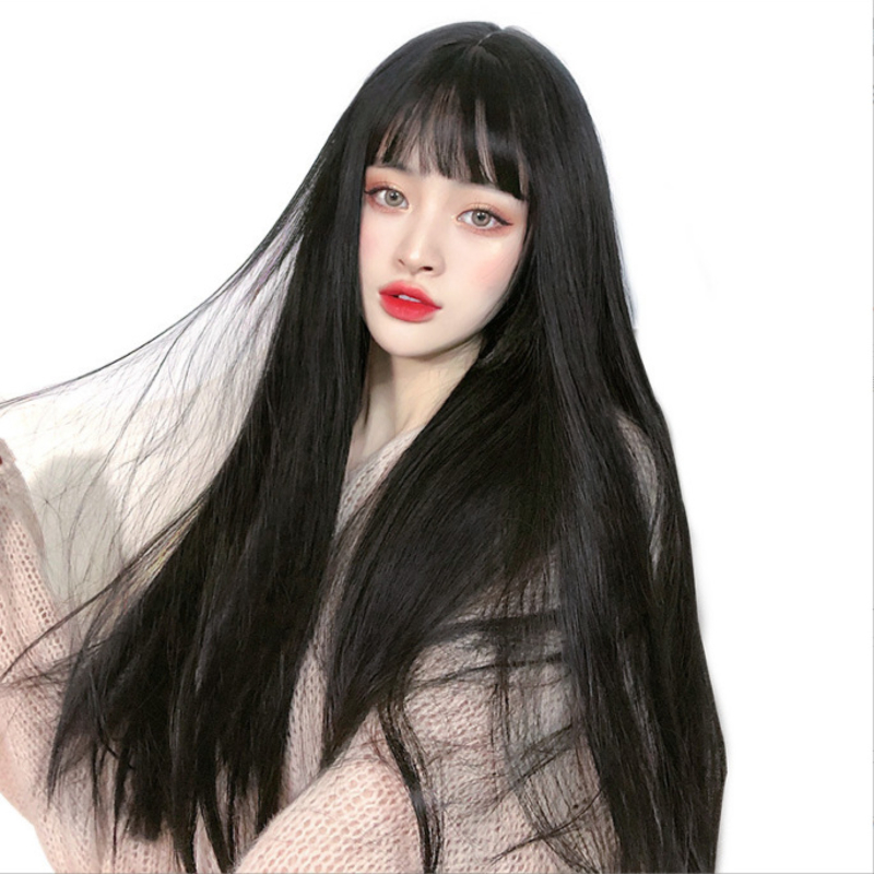 70 センチメートルロングブラックストレートウィッグ前髪付き女性のための耐熱ファッショナブルでエレガントな合成かつら毎日のパーティーやコスプレ