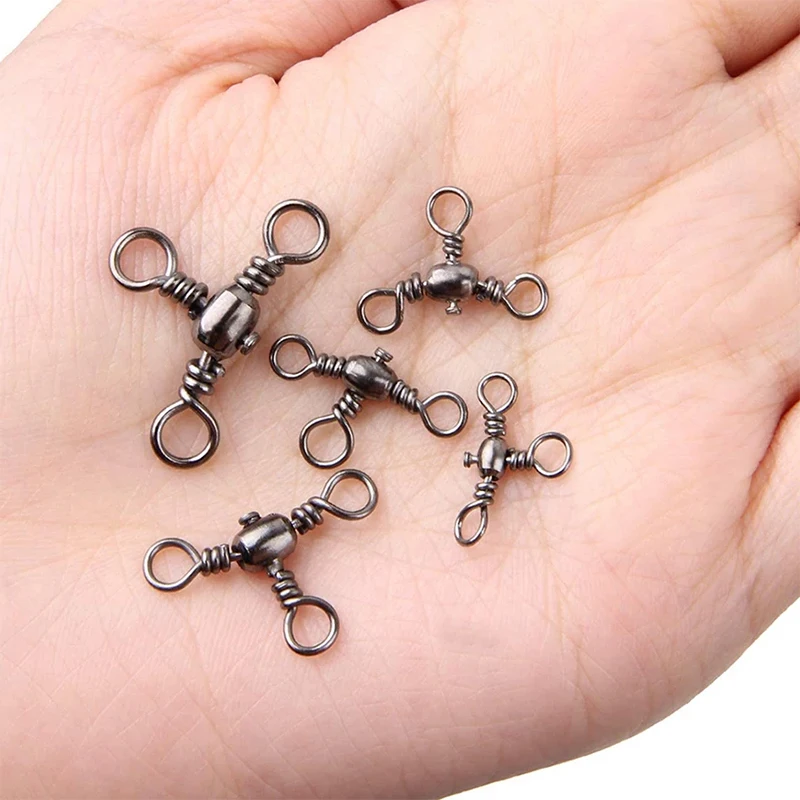 50 ชิ้น/ถุงอุปกรณ์ตกปลาสีดําชุบนิกเกิลสาม PRONG Connector T-Swivel Sub-Line Splitter ตกปลากลางแจ้ง Bazi แหวน