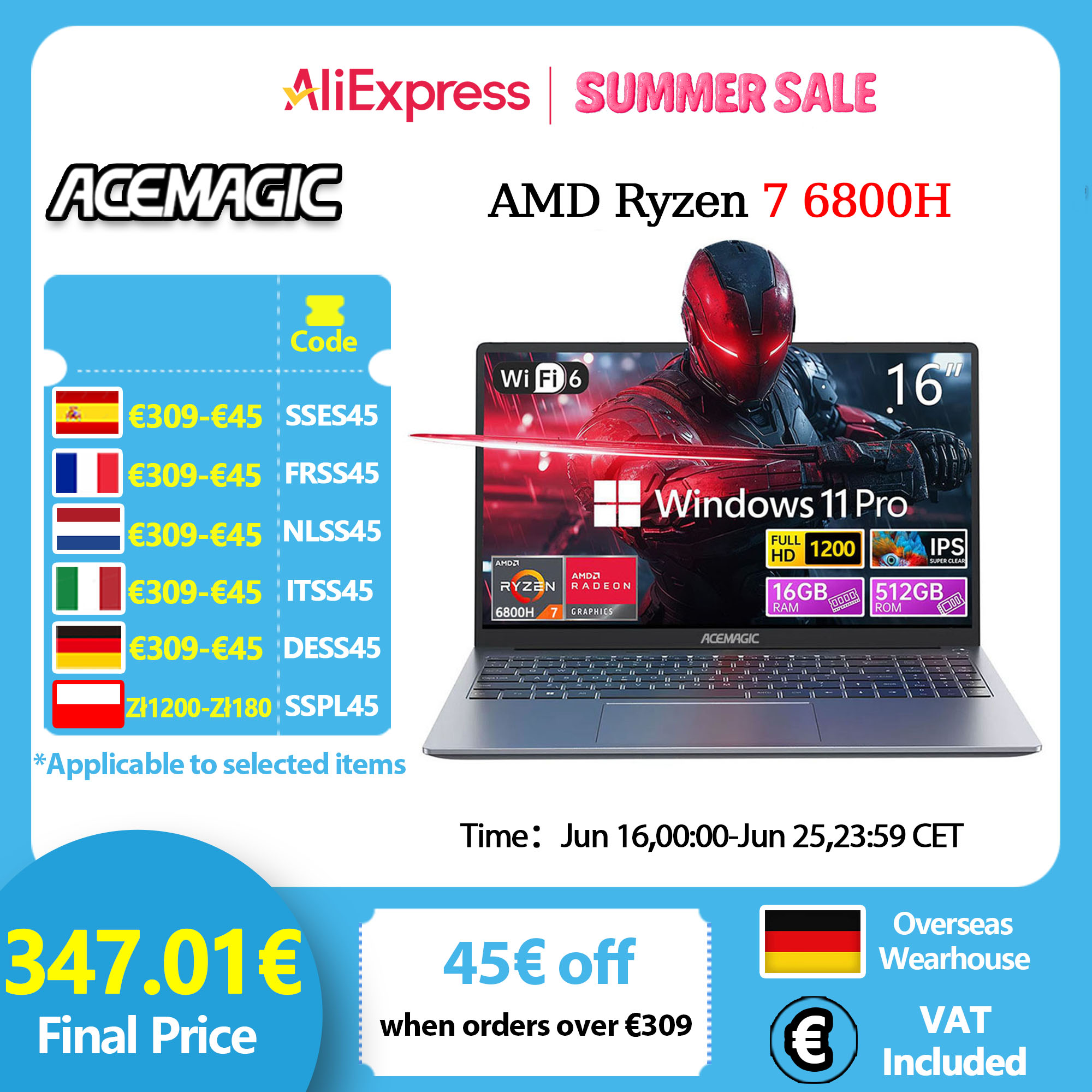 ACEMAGIC ‎RX16 AMD Ryzen 7 6800H 16.1" Ultra Slim 4400MAH Notebook 16GB LPDDR5 RAM 512GB ROM Windows 11Pro BT5.2 Wifi 6 Notebook