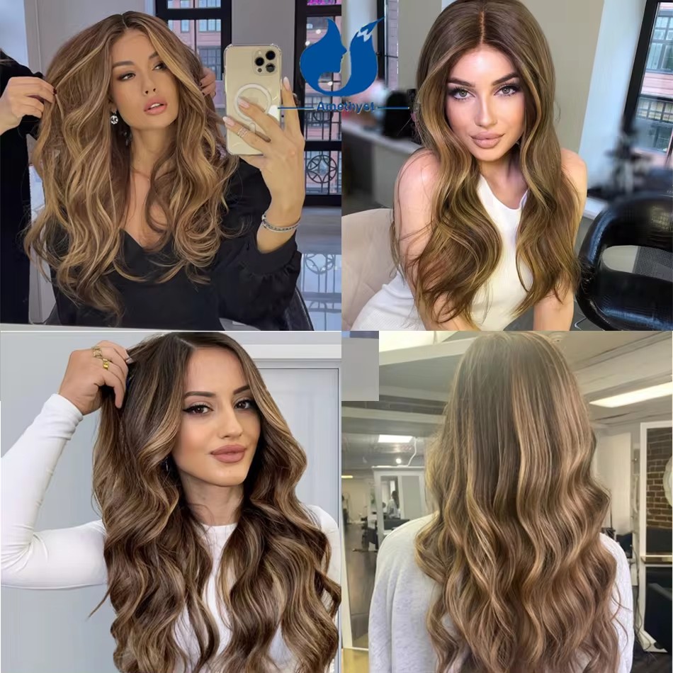 女性のためのヨーロッパのバージン人毛トッパー、アメジストハイライト、ブロンド、ウェーブ、シルクベース、トップトーピー、バレイジカラー、5x6"