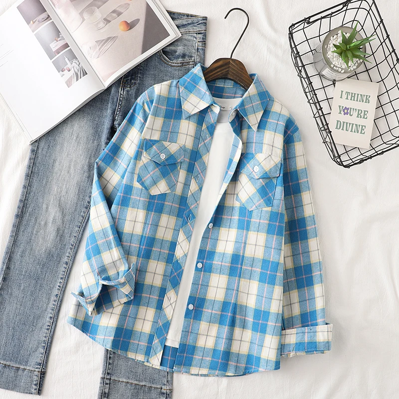 ผ้าฝ้ายลายสก๊อตเสื้อผู้หญิง 2024 ฤดูใบไม้ร่วงใหม่หญิง Casual SLIM FIT เสื้อแขนยาวและเสื้อสุภาพสตรี Checkered เสื้อผ้า