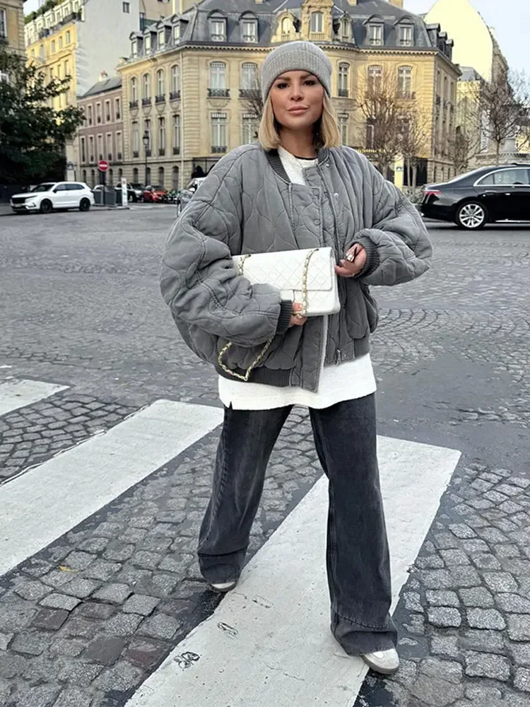 Chaqueta acolchada de algodón gris con una hilera de botones para mujer, abrigos informales de manga larga con cuello levantado y bolsillo, prendas de vestir exteriores para ir al trabajo en otoño e invierno