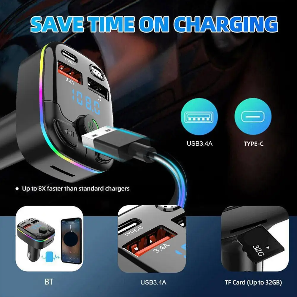 Car Bluetooth 5.0 FM Transmitter Dual USB 3.1A PD Type-C Colorful Ambient Light Car Accessories Player Kit 2024