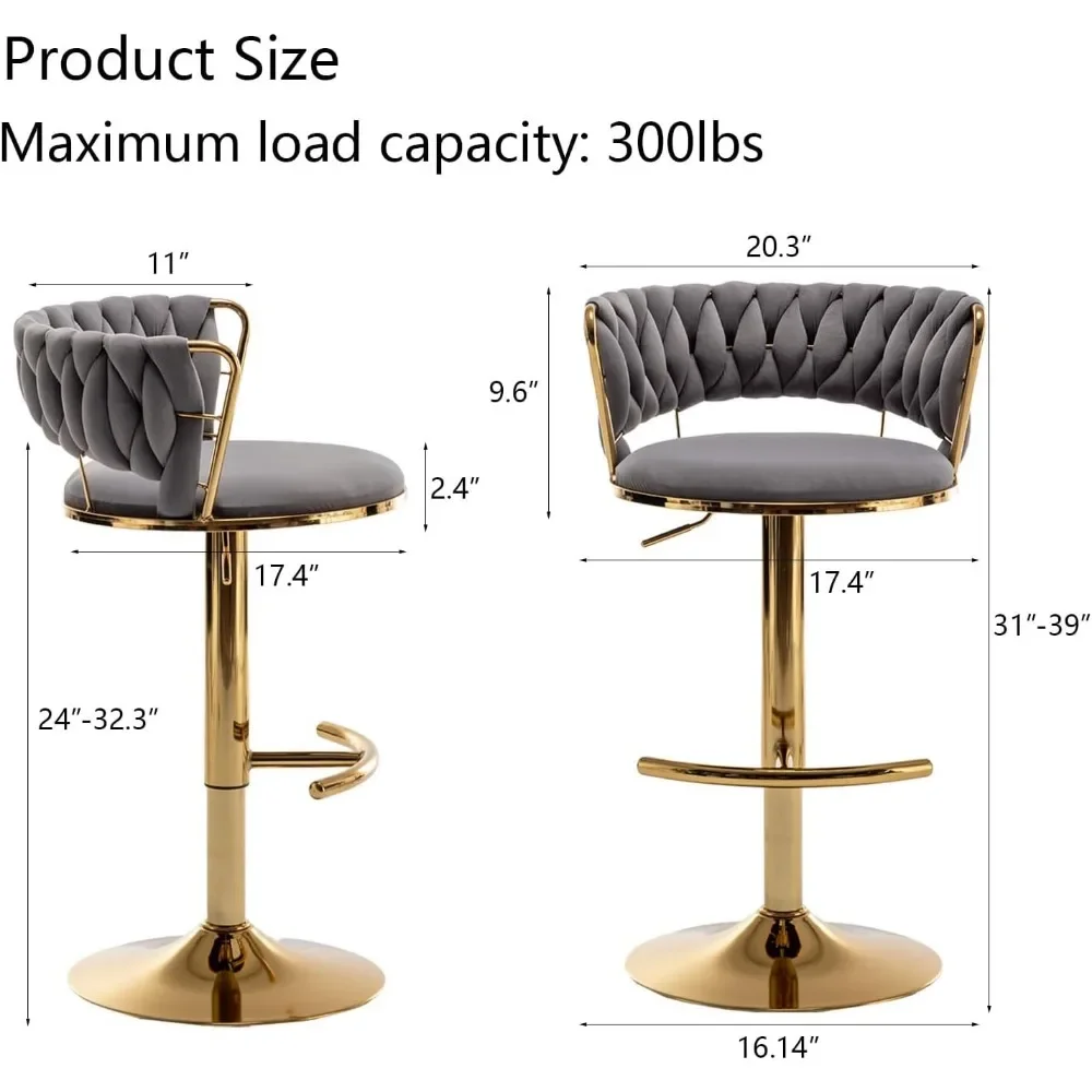 Gold Velvet Bar Stools Set of 4, Counter Height Bar Stools with Low Back, Swivel Stool for Kitchen Island, Bar Pub (Grey)