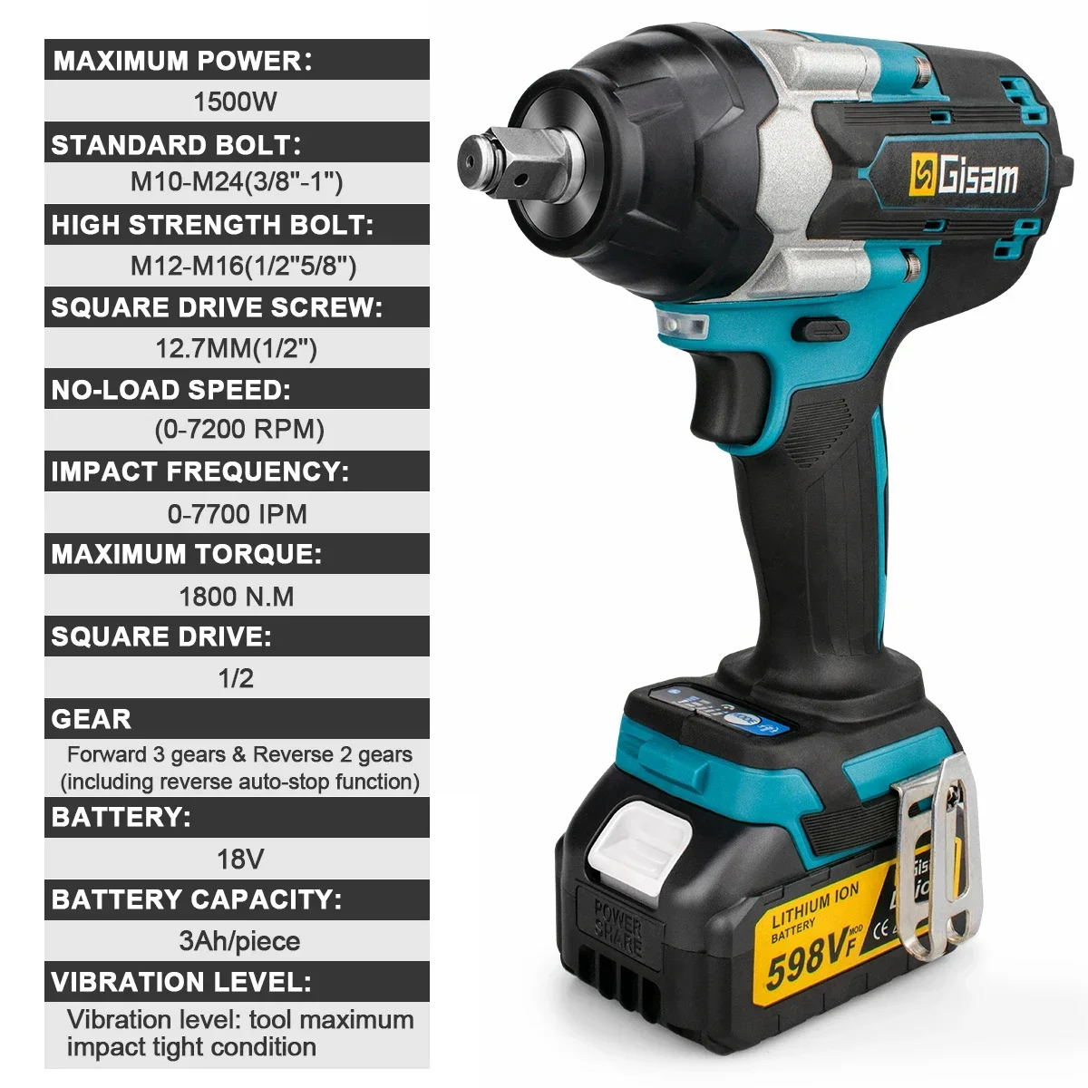 Gisam 1800N.M Torque Brushless Electric Impact Wrench 1/2 inch Cordless Wrench Screwdriver Power Tool For Makita 18V Battery Pin