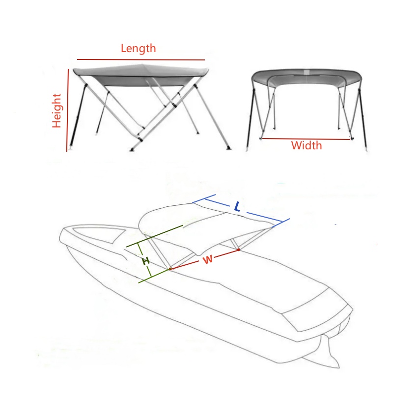 Top bimini azul com 3 arcos para barco, lona, sombra, dossel de barco com tubo de alumínio 6063 de 25mm, tecido oxford de poliéster 600d