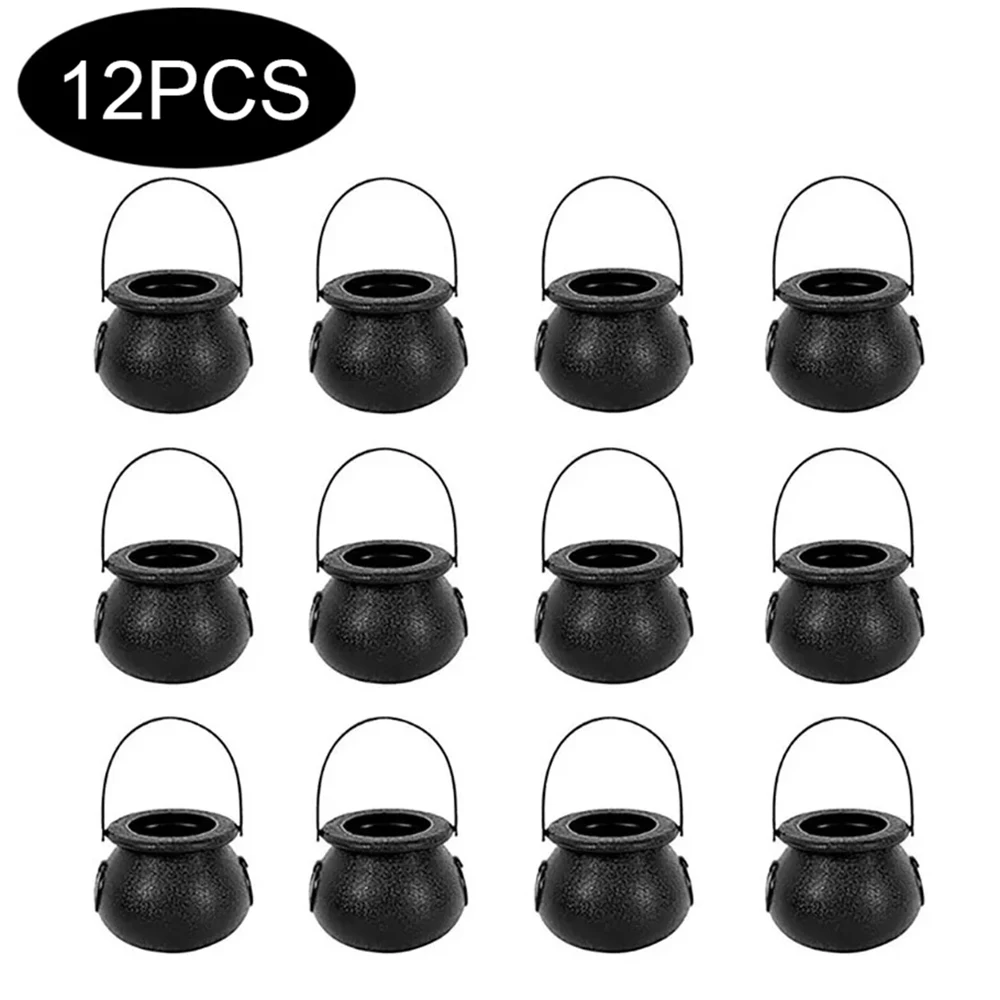 Decoración de caldero de bruja de Halloween, mini caldero de brujas de plástico negro, cubo de golosinas de calabaza, cesta de dulces, truco o trato